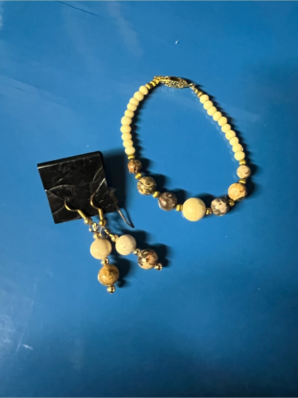Beige and Brown Beaded Bracelet & Drop Earrings Set - Women Jewelry